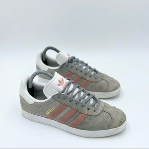 Adidas Gazelle Shoes Womens 8.5  Grey Pink Trefoil Lace Up Suede